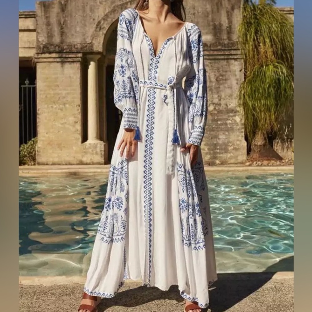 Mykonos 5 Star ⭐️ Favorite Boho Embroidered Long Maxi Gown In Cotton